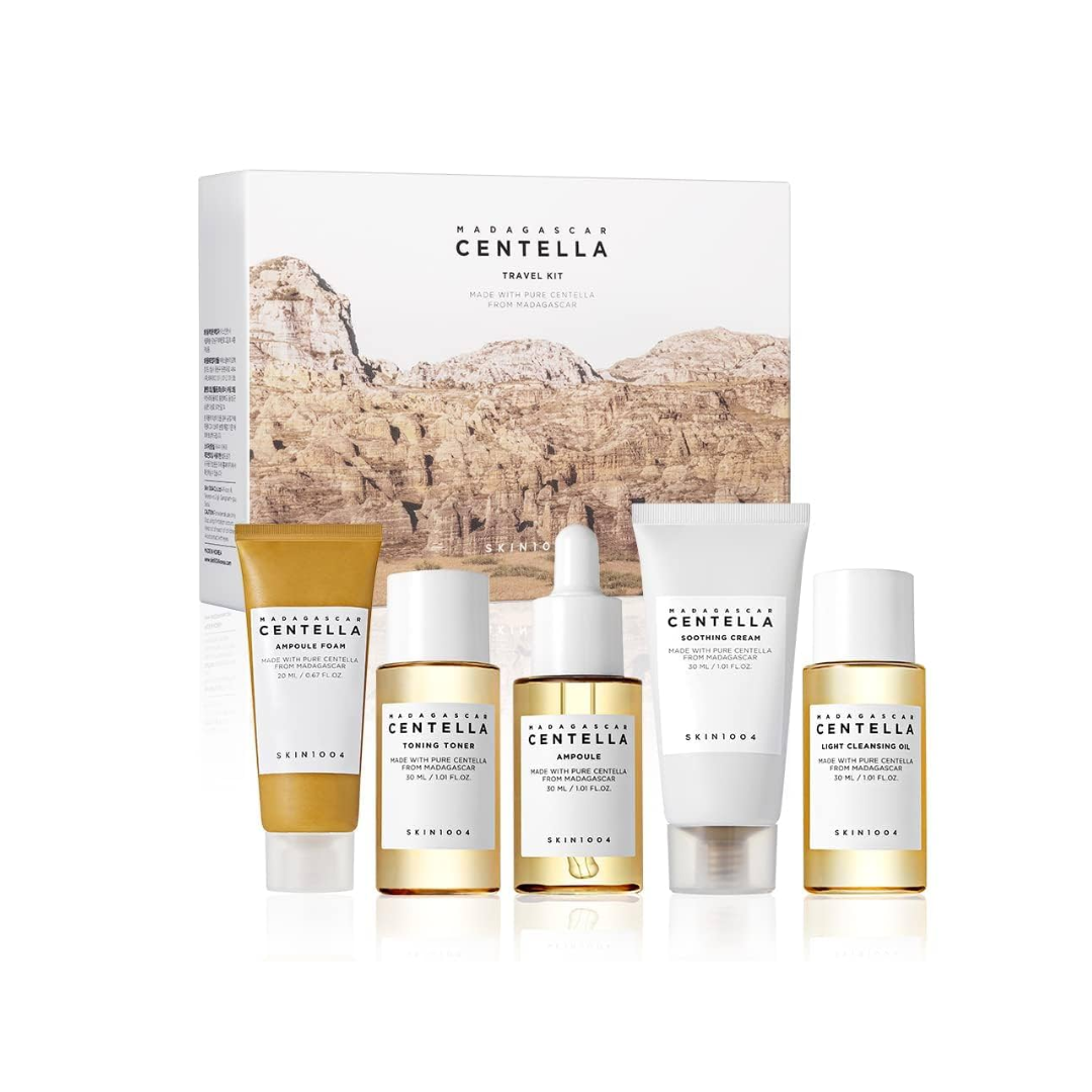 SKIN1004 Madagascar Centella - Kit de viaje, tóner, ampolla, crema calmante, aceite limpiador, espuma de ampolla, caja de kit de prueba básica para el cuidado de la piel.