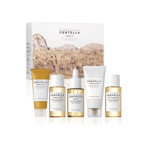 SKIN1004 Madagascar Centella - Kit de viaje, tóner, ampolla, crema calmante, aceite limpiador, espuma de ampolla, caja de kit de prueba básica para el cuidado de la piel.
